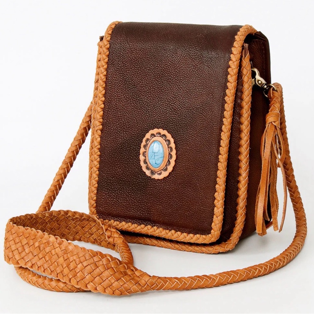 Western Bag Brown and Tan Leather Crossbody Bag with Turquoise Accent